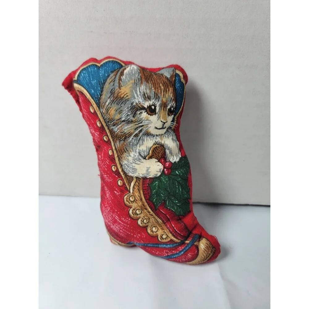 Vintage Style Christmas Cat in Stocking Mini Plush Pillow Shelf Sitter...